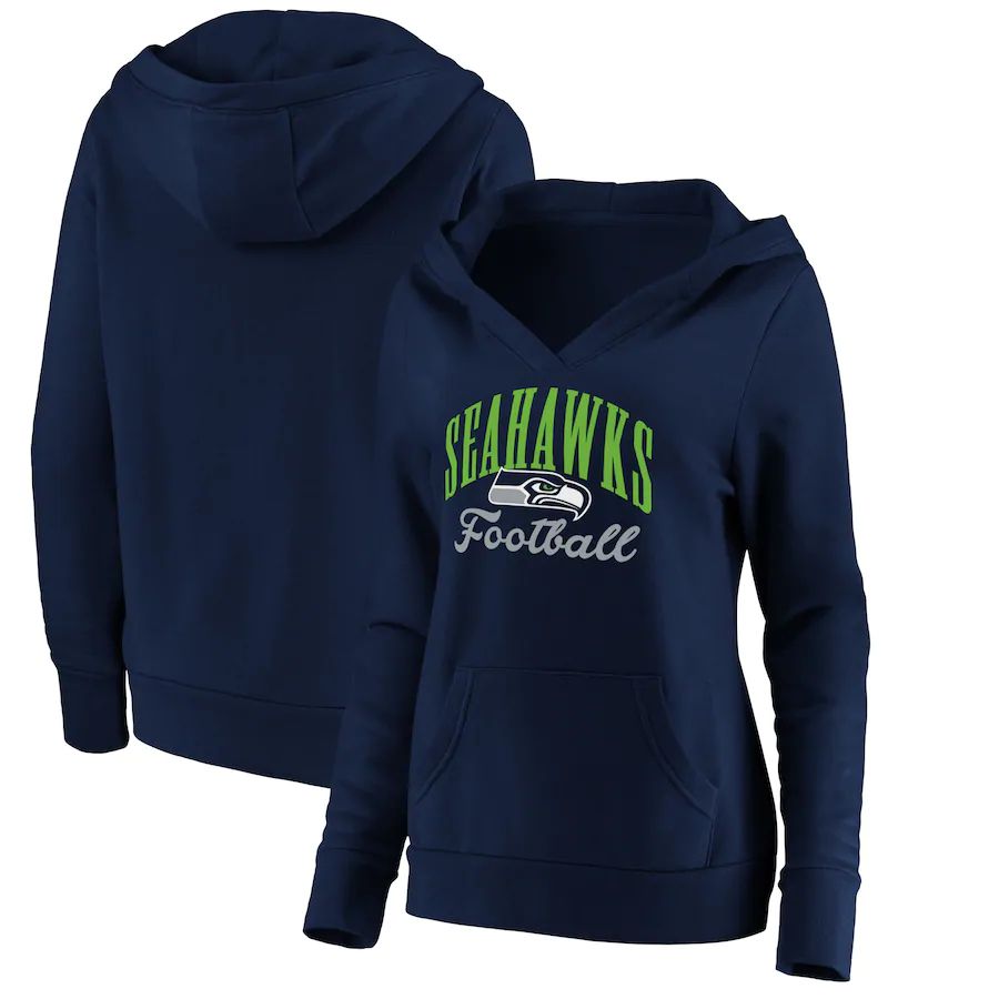 Women Seattle Seahawks Fanatics Branded College Navy Victory Script V-Neck Pullover Hoodie